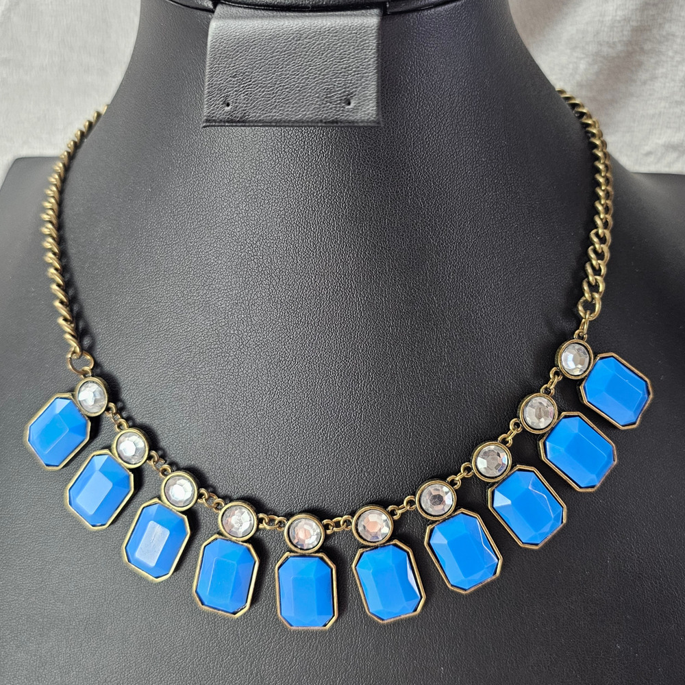 J Crew Signed Cobalt Blue Bib Statement Necklace Two Tier Rhinestone Gold